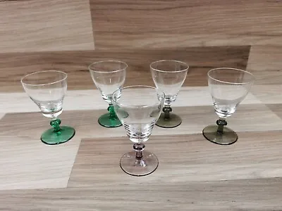 5 X Vintage  Sherry / Liqueur Glasses With  Coloured Stems & Bases • £11.99