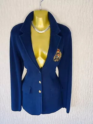Exquisite Ralph Lauren Blue Knit Crest Embroidered Blazer Jacket UK14 Stunning • £32