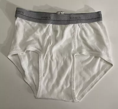 One Pair Vintage Hanes White Briefs With Gray Waistband Tighty Whities Size 32 • $6.99