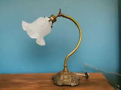 Art Nouveau Style Patina Brass Swan Neck Adjustable Glass Tulip Table Lamp 60s • $168.70