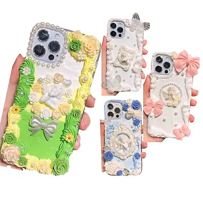 Phone Case DIY Kit Ornate Frame Angel Flowers Daisies Bows Pearls Cream Charms • $23.30