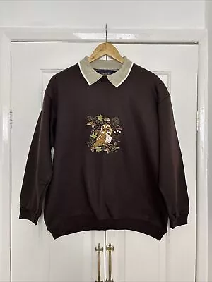 £24.99 • Buy Radish Countrywear Brown Top Large Collared Sweatshirt Owl Embroidered Jumper