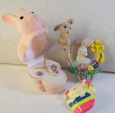 $14.99 • Buy Easter Bunny Rabbit Egg Basket Necklace Earrings Flocked Ceramic Plastic Lot