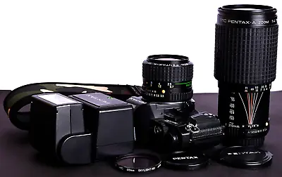 CLA'd Pentax Super A Black 35mm Film SLR C/w 35-70mm 70-210mm Lens & Flash Kit • $928.66