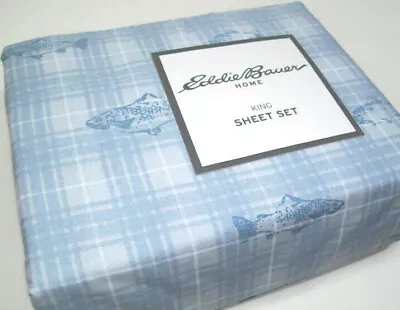 Eddie Bauer Home Cotton Pale Blue Plaid Trout Meadow King Sheet Set New • $62.39