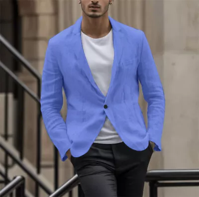 Men Linen Blazer Jacket Lightweight Casual Button Slim Fit Suit Coat Tops • $31.99