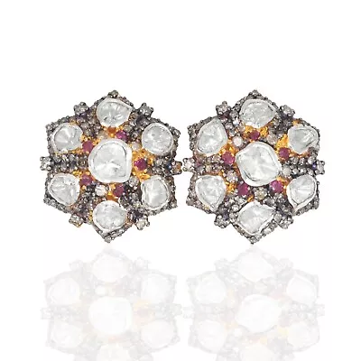 Rhodium 925 Sterling Silver Natural Diamond Ruby Polki Studs Tops Gold Plated • $268