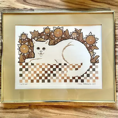 Vintage Virgil Thrasher  White Cat  Paper Artwork Framed Lucid Lines Signed 1977 • $111.59