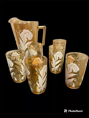 Vintage Jeanette Marigold Carnival Glass Iridescent Pitcher W/ 6 Juice Glasses • $78