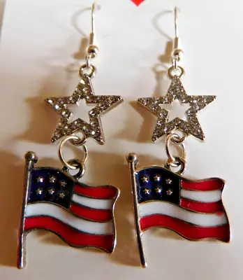 Red White & Blue Flag Dangling From Crystal Star Silver Dangle/drop Earring • $11.99