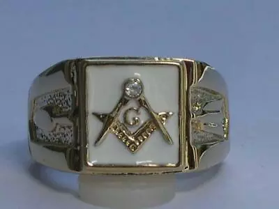 Masonic Mason White Enamel Compasses Clear Austrian Crystal Men's Ring Size 7-15 • $20.99