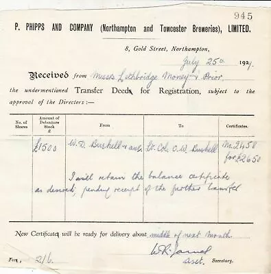 P.Phipps And Company(Northampton & Towcester Breweries)Ltd 1929 Receipt Rf46416 • £7.50