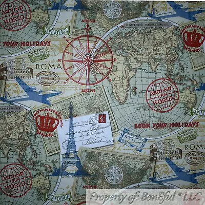 BonEful FABRIC FQ Cotton Quilt Brown World Map Europe Airplane England Rome Star • $5.78