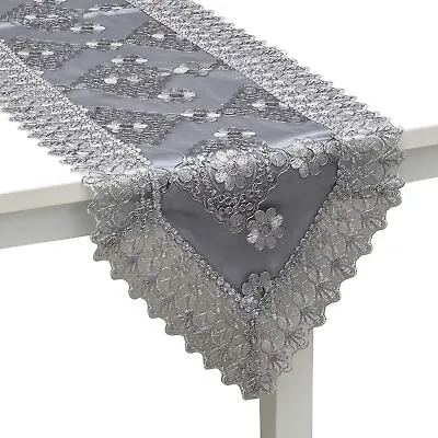 Table Runner White Silver Flower Embroidered Floral Pattern Polyester Lace • $19.79