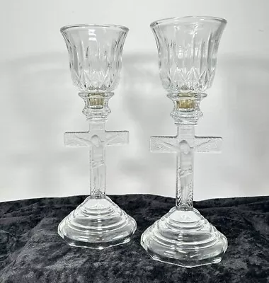 PAIR Vintage Glass Candle Holders W/ Votive Toppers Jesus INRI Home Interiors • $23.99