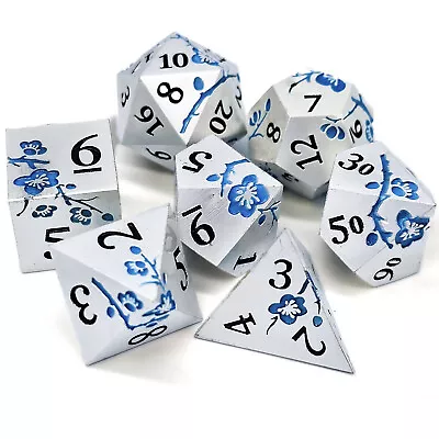 Silver & Blue Plum Blossom Solid Metal DND Dice Set Polyhedral Dungeons Dragons • $19.98