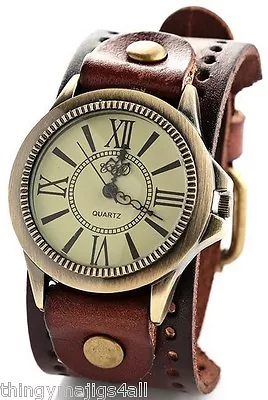 Genuine Leather Brown Wristband Wrist Strap Watch Bracelet Retro Steampunk Wide • £12.95