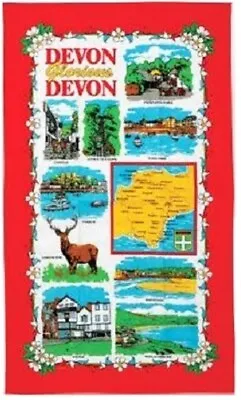 £5.49 • Buy Devon Tea Towel Souvenir Gift Map Scenes Collage Montage Sights Red Landmarks