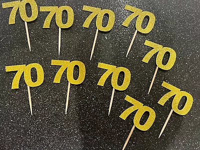 70th Birthday Cupcake Bun Picks Toppers Handmade Gold Glitter X10 • £2.69