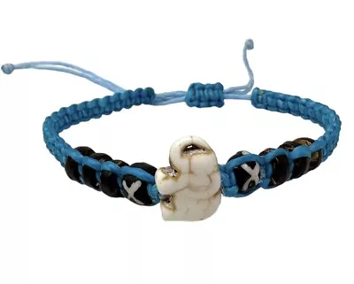 Adjustable Elephant Bead Bracelet - Blue Macrame Wooden & Symbolic Accents • $12.95