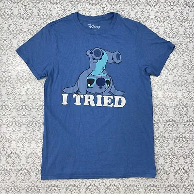 Disney Lilo And Stitch  I Tried  Stitch Sky Blue Top T-Shirt Women's Size S   • $15.99