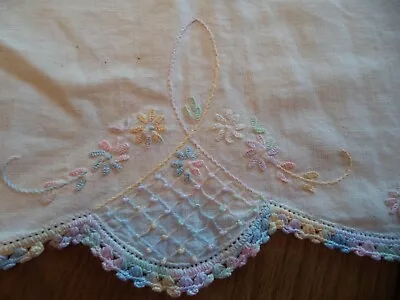 VINTAGE EMBROIDERY DRESSER SCARF 19 X 8  FLORAL DESIGN PASTEL COLORS Small Piece • $8.70