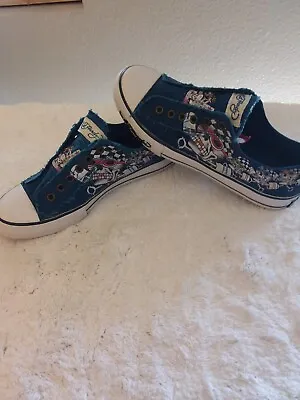 Ed Hardy Slip On Laceless Sneakers Shoes Skull Blue Low Tops Size 10 Women  • $32