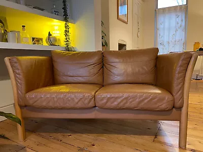 £500 • Buy Mid-Century Modern, Vintage Danish, Tan Brown Leather & Beech 2 Seat Sofa