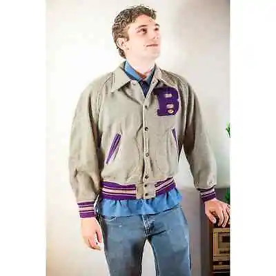 Vintage 80s Gray Purple Wool Letterman Varsity Jacket Letter B Number 42 M L • $62