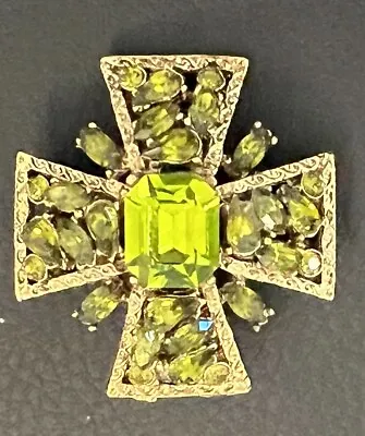 Vintage Green Rhinestones Maltese Cross Pin Brooch Dome  • $44.80