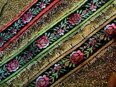 Vintage Embroidered Jacquard Trim Flowers 3/4  Ribbon Silk Metallic 1yd France • $12.95