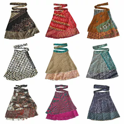 Vintage Silk Sari Magic Wrap Around Skirts Beach Wear Reversible Warp Skirt 5 Pc • $52.97