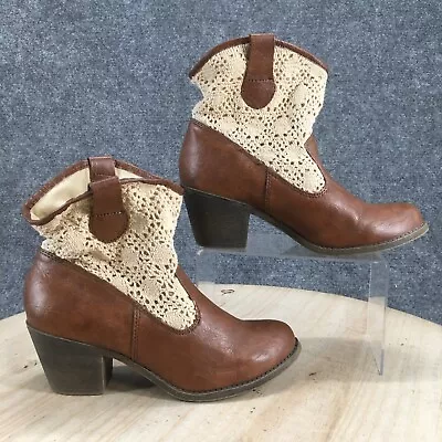 Mudd Boots Womens 8 M Pull On Western Block Heels Ankle Bootie Brown Leather • $29.99