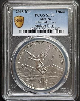 Mexico 1 Oz. Silver Libertad 2018 Antiqued PCGS SP70 Gold Shield. KM# 639. • $425