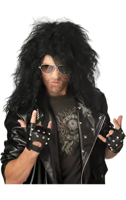 Mens Rocker Black Wig Punk Heavy Metal 80s Fancy Dress Costume Accessory • £22.99