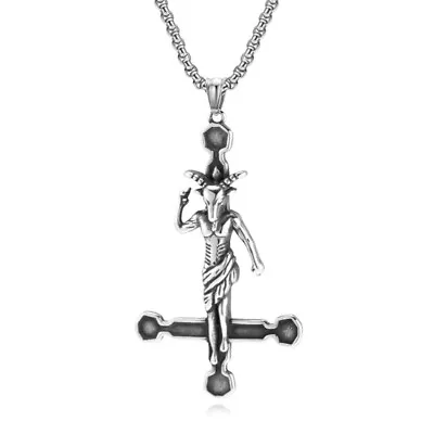 Baphomet Lucifer Stainless Steel Necklace Mens Satan Goat Inverted Cross Pendant • £10.99
