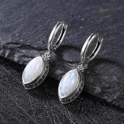 925 Sterling Silver Moonstone Gemstone Leverback Huggie Dangle Earrings • $26.95