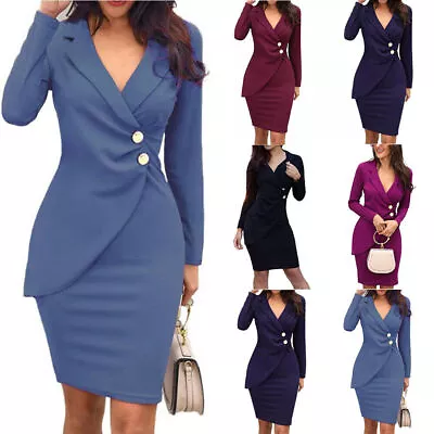 $32.39 • Buy Women Work Formal Dress Set Long Sleeve V Neck Blazer Midi Dress Business Outfit
