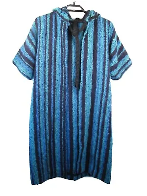 Vintage Wool Blend Long Robe Hooded Open Boho Hippie Blue Striped  • $35