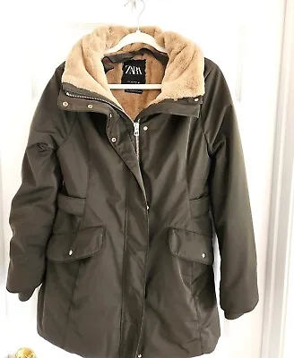 Zara Olive Green Parka Jacket Coat Faux Fur Lined Pockets All Weather Medium • $30