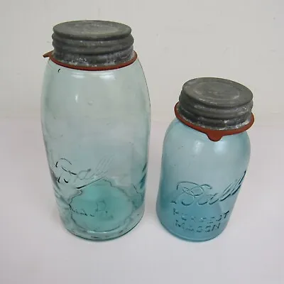 Antique Blue Ball Mason Jars With Zinc Lids Lot Of 2 Collectible Vintage Rare • $35