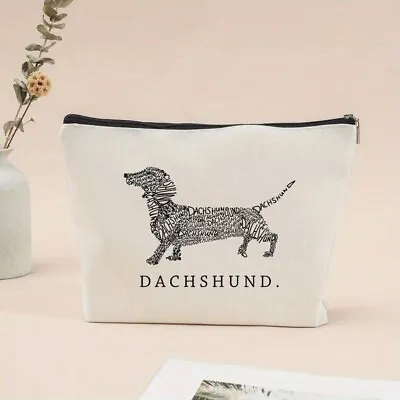 NEW - Dachshund Print Beige Zipper Pouch Clutch Wallet Small Makeup Bag • £6.99