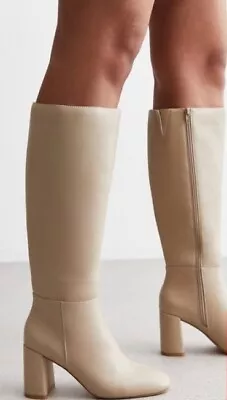 NEW LOOK New Camel Leather-Look Stretch Block Heel Knee High Boots UK7 UE40 • £11.99