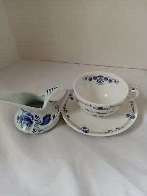 Tea Cup/Saucer & Sm Pitcher Blue/White Porcelain Hand Paint Delft/Kronester Read • $12