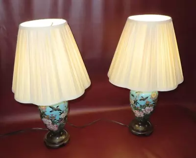 Pair Antique 25  Asian Blue Bird Floral Decor Cloisonne Table Lamps On Wood Base • $297