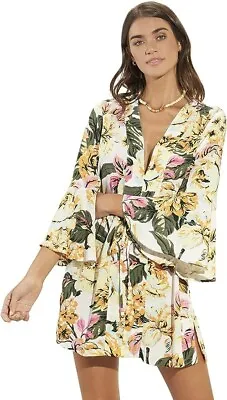 Maaji Yellow Green Floral Flared Sleeve Swim Cover Up Dress Medium • $44.99