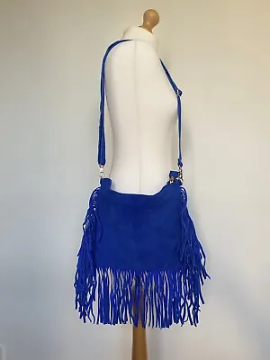 £34.99 • Buy Blue Electric￼ Suede Fringe Crossover Bag With Adjustable Strap H26cm  W32cm