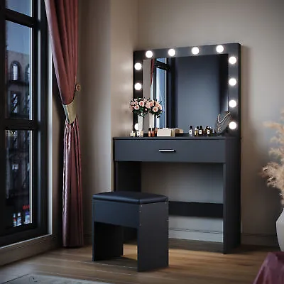 LED Dressing Mirror Makeup Table With Stool Drawer Black Bedroom Vanity Unit Set • £85.98