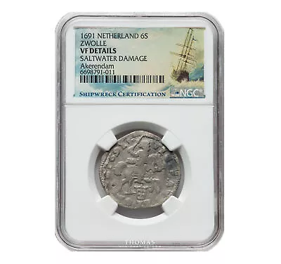 Coin - Netherlands - Zwolle - 6 Stuivers 1691 VF Details NGC Shipwreck Akerendam • $530