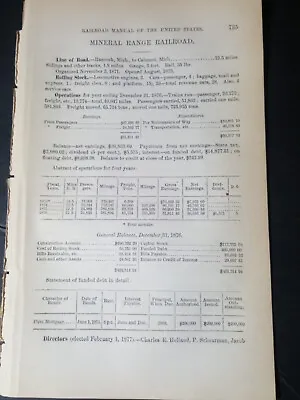 $10.95 • Buy 1878 Original Train Report MINERAL RANGE RAILROAD Hancock To Calumet Michigan 